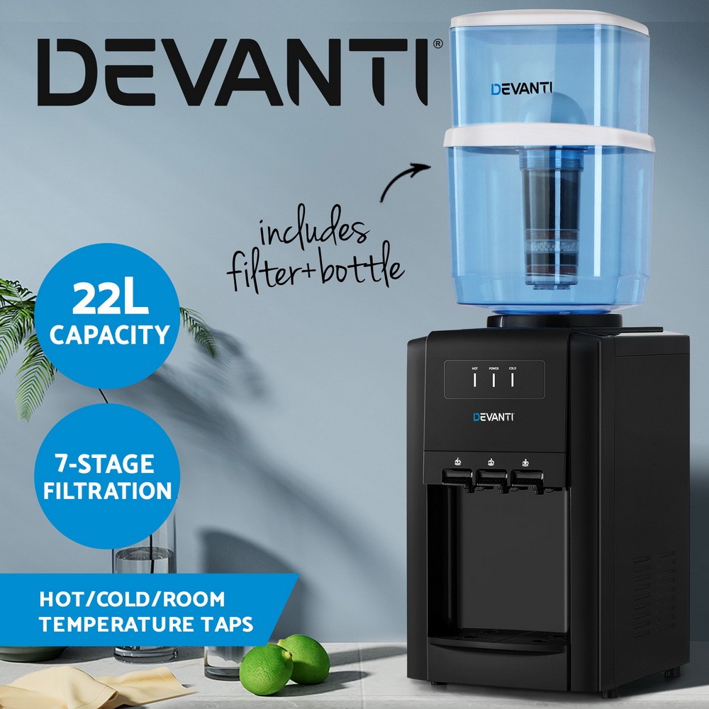 Devanti 22L Water Cooler Dispenser Countertop 3 Taps 7-stage Filter Black Hot