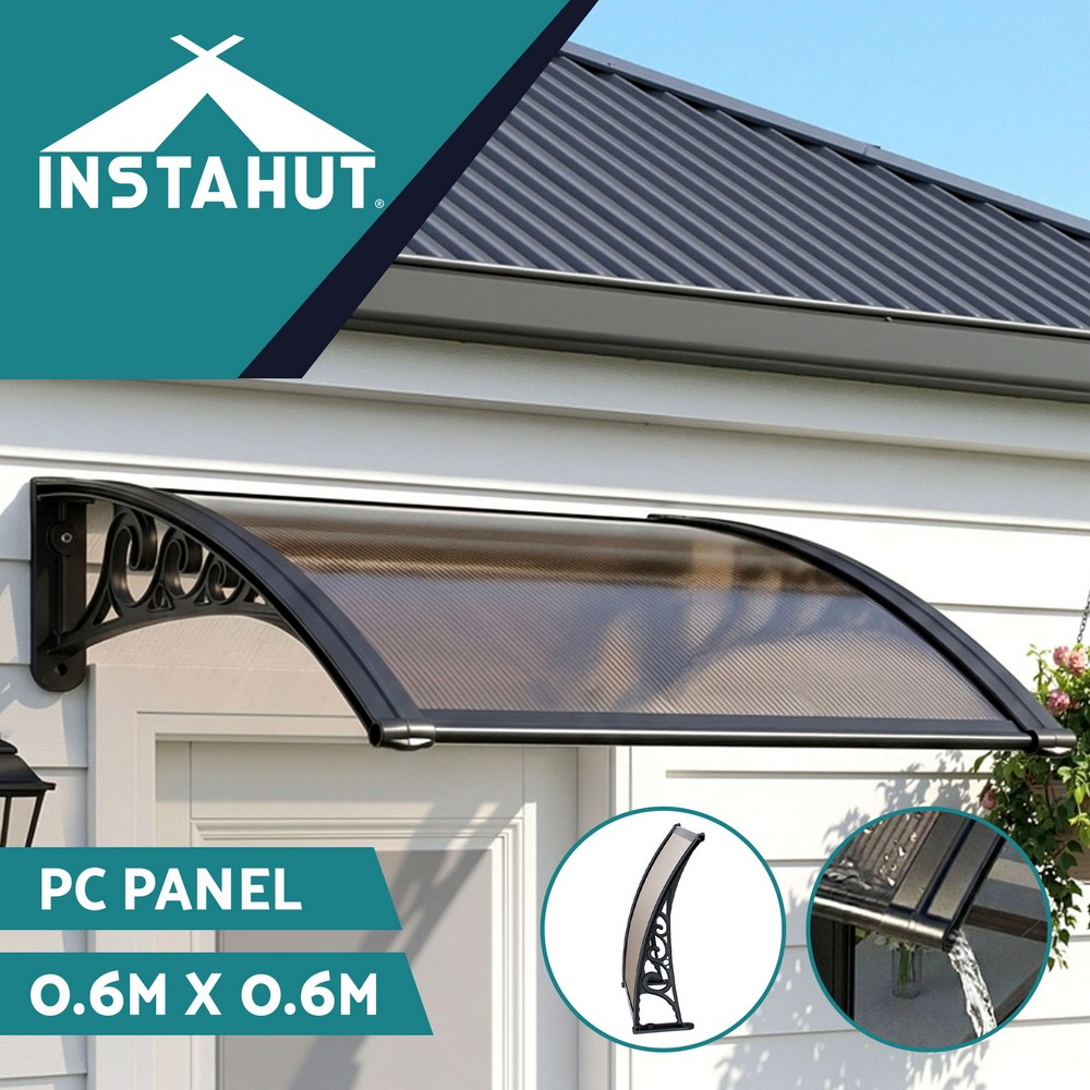 Instahut Window Awning 0.6mx0.6m Brown Hollow Panel Drainage Aluminium Outdoor