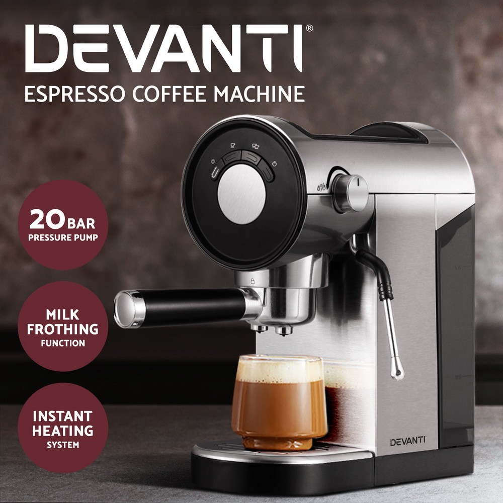 Devanti Espresso Coffee Machine 20 Bar Milk Frother Double Shot Latte 0.9L Metal