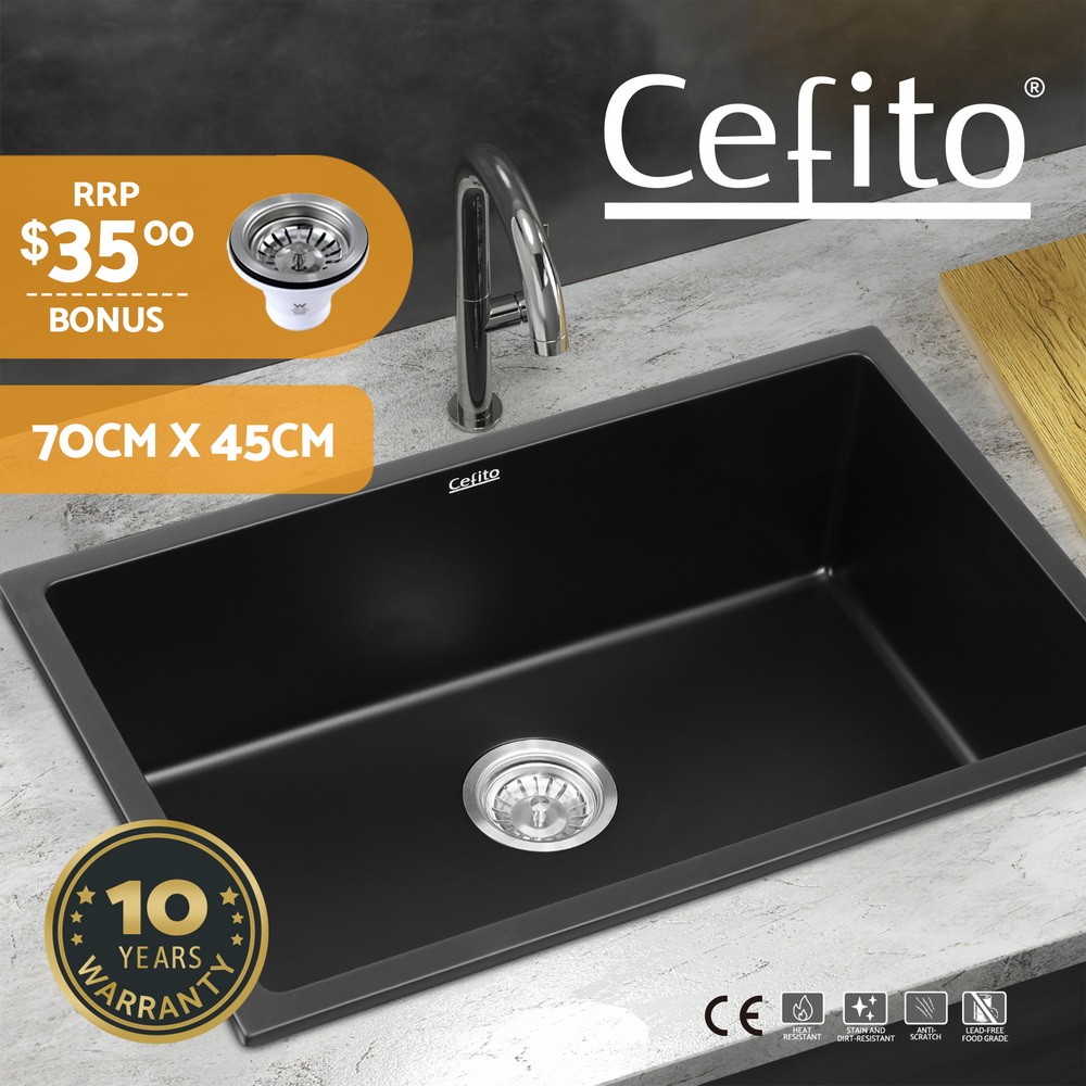 Cefito Granite Stone Kitchen Sink 70x45cm Single Bowl Black Waste Strainer 23cm