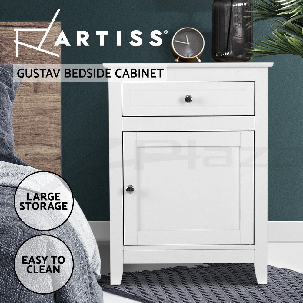 Artiss Gustav Modern Bedside Cabinet 1 Drawer Storage White MDF 48cm 38cm 53.5cm