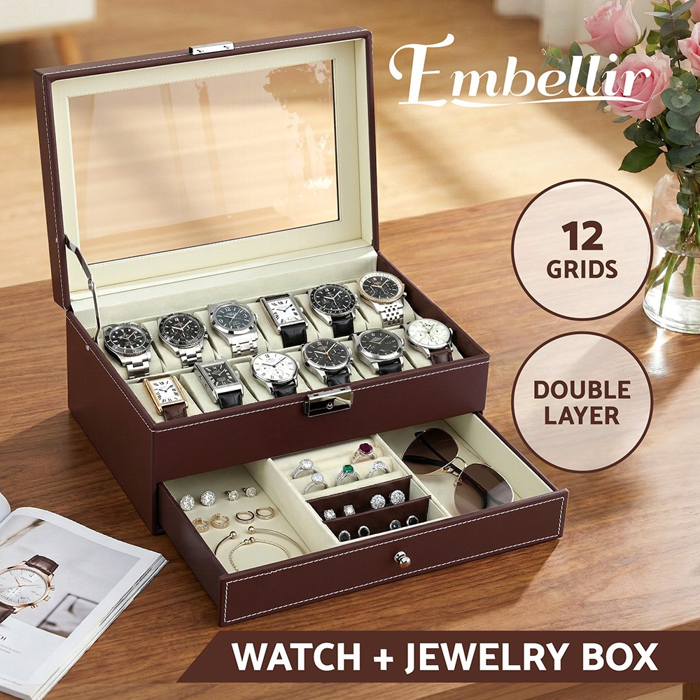 Embellir Two-tier Watch Box Organizer 12 Watches Brown Faux Leather 30 x20x13cm