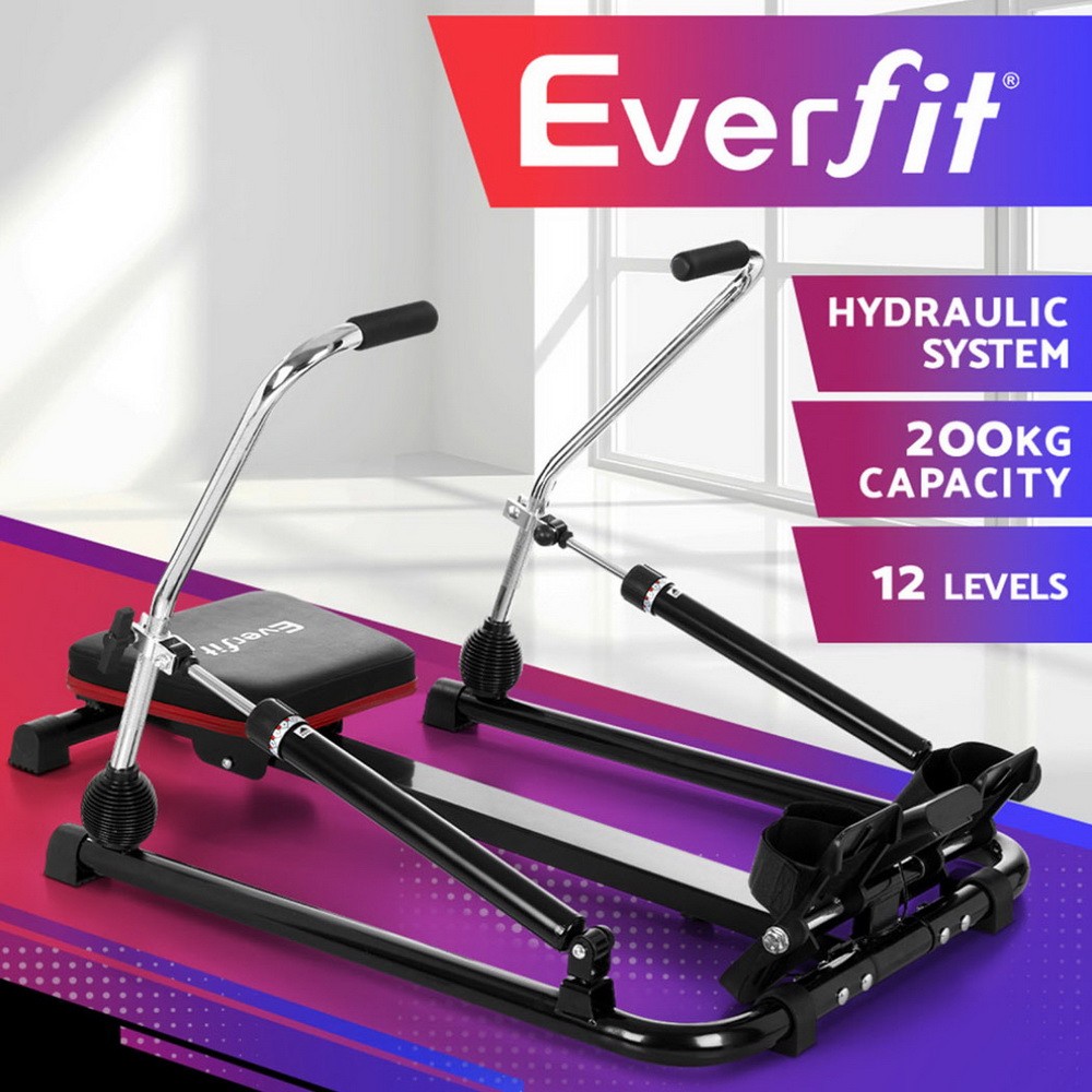Everfit Hydraulic Rowing Machine 12 Levels LCD Display foldable Black 200kg