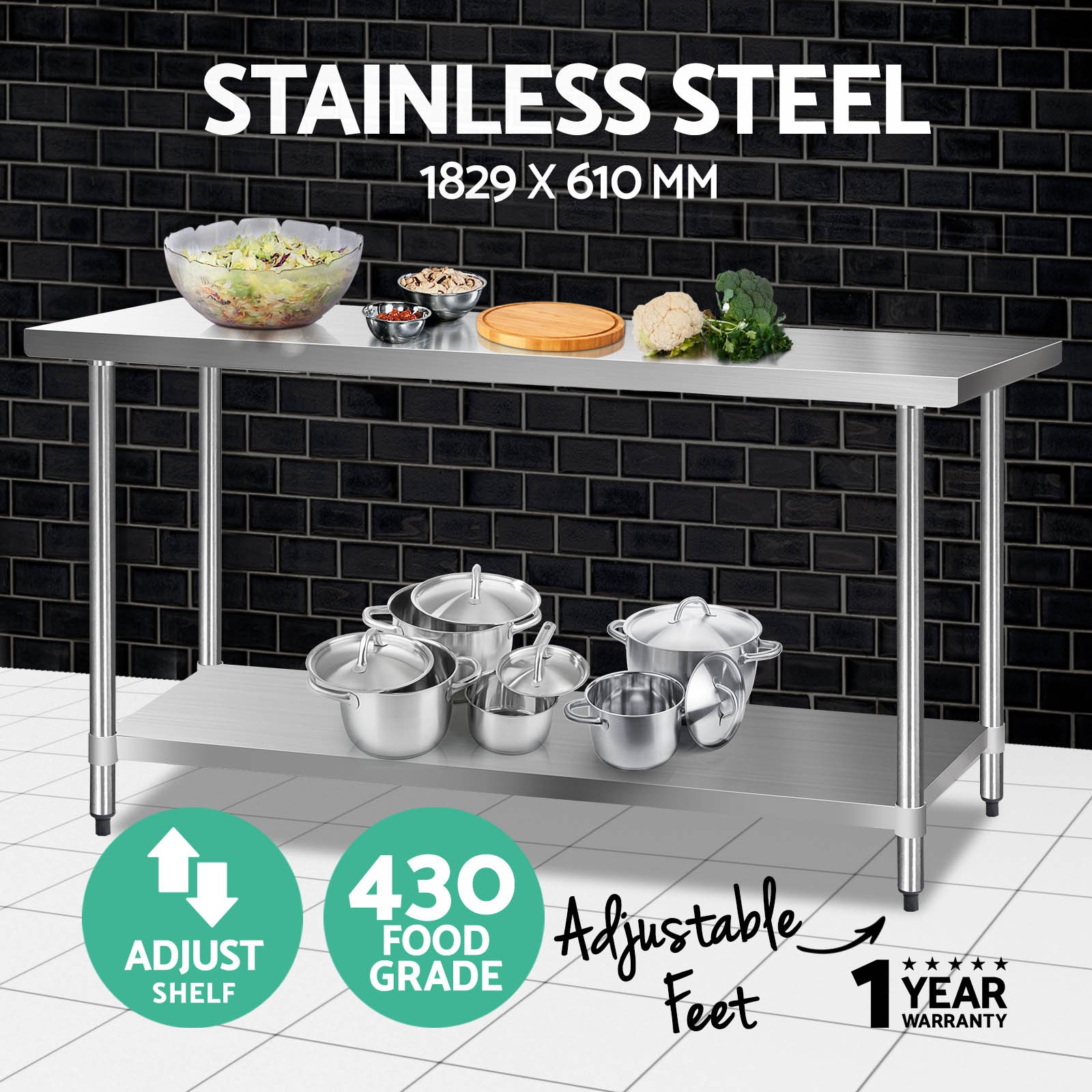 Cefito Stainless Steel Work Bench Food Table 304 1219x610x890mm Shelf Wheels