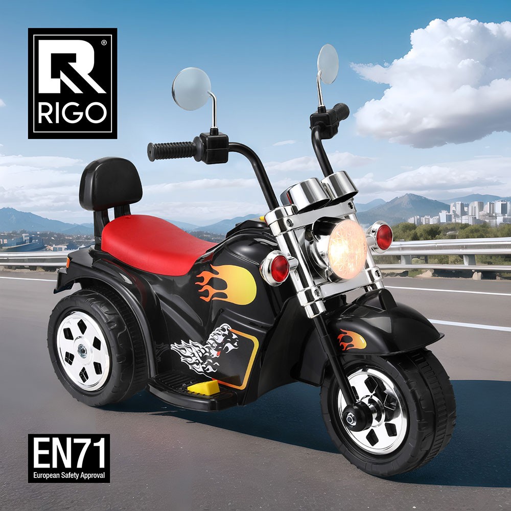 Rigo 6V Electric Ride On Motorbike Kids Twin Motors Horn Music Black 78cm 18W