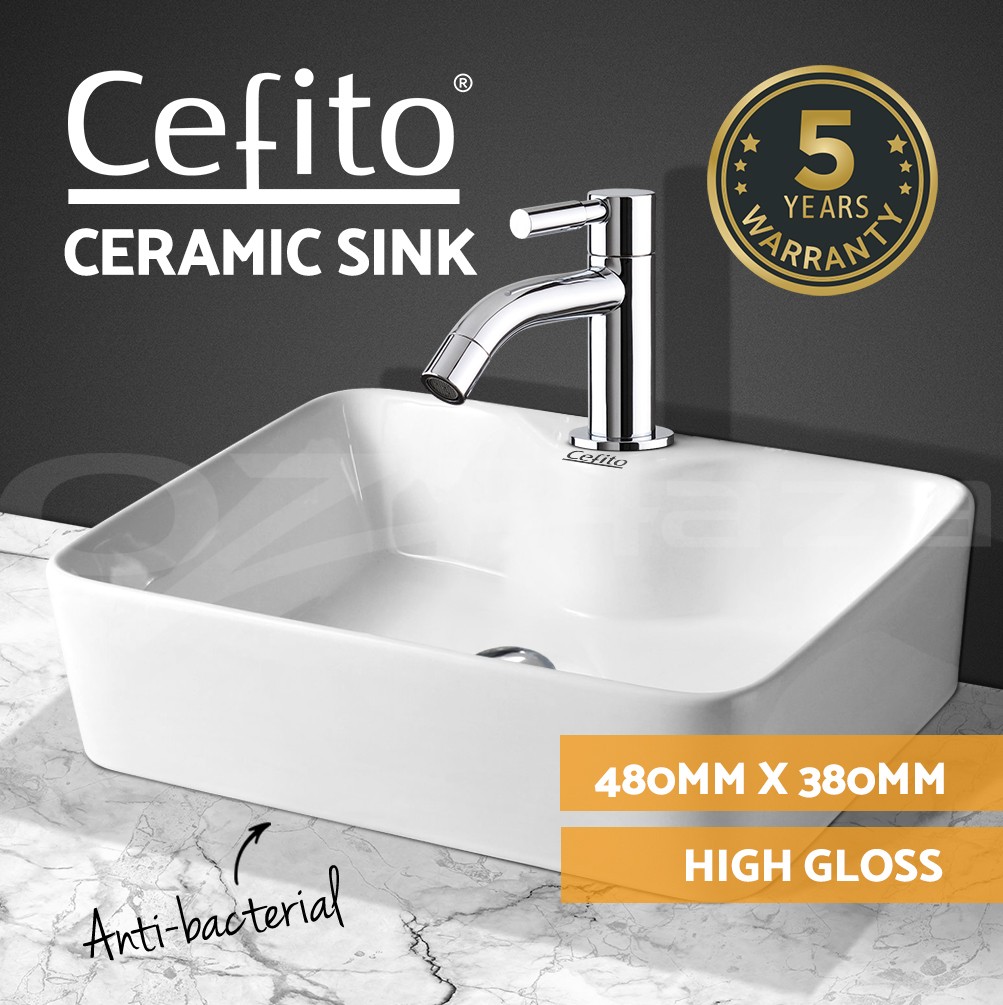 Cefito Ceramic Bathroom Basin Sink Topmount White Nano Glazed 480mm 380mm 135mm