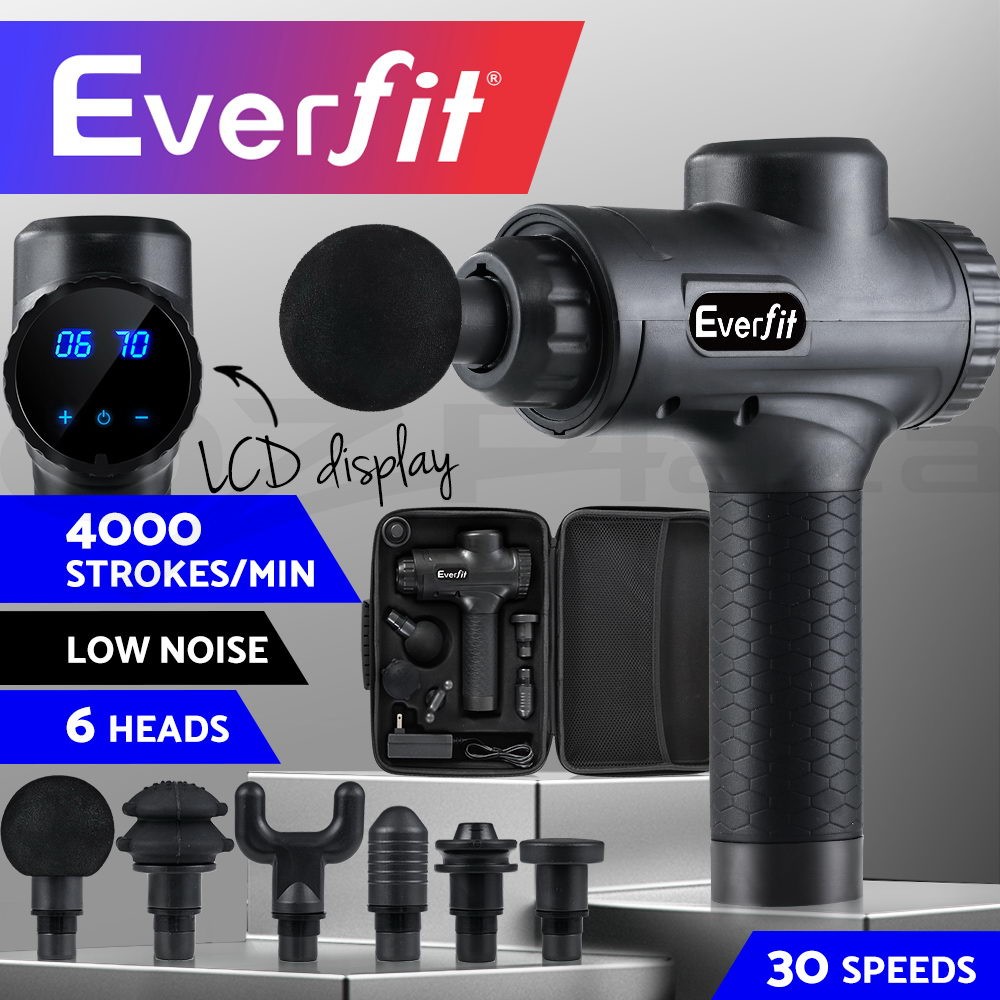 Everfit Massage Gun 6 Heads Cordless Muscle 12mm 4000rpm 30 Speed LCD Black/Grey