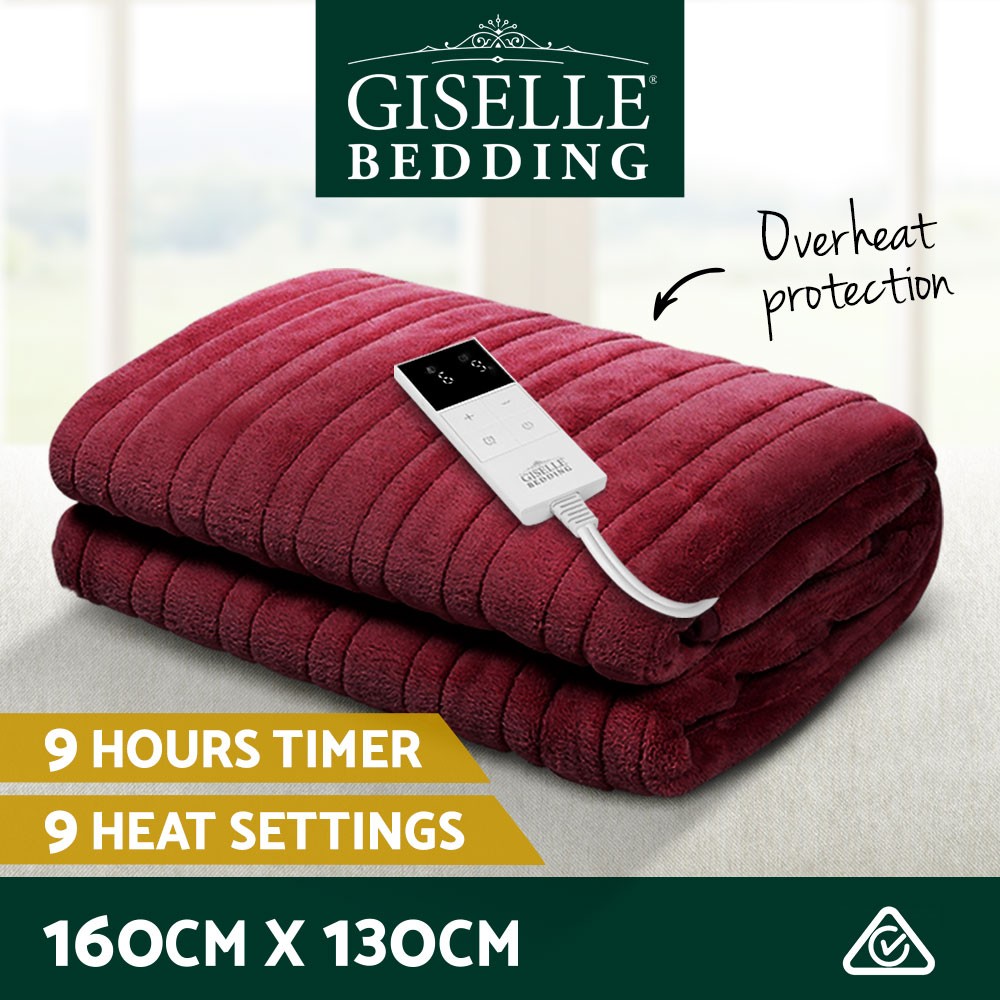 Giselle Electric Throw Rug Heated Blanket Coral Fleece 160cm 130cm Burgundy