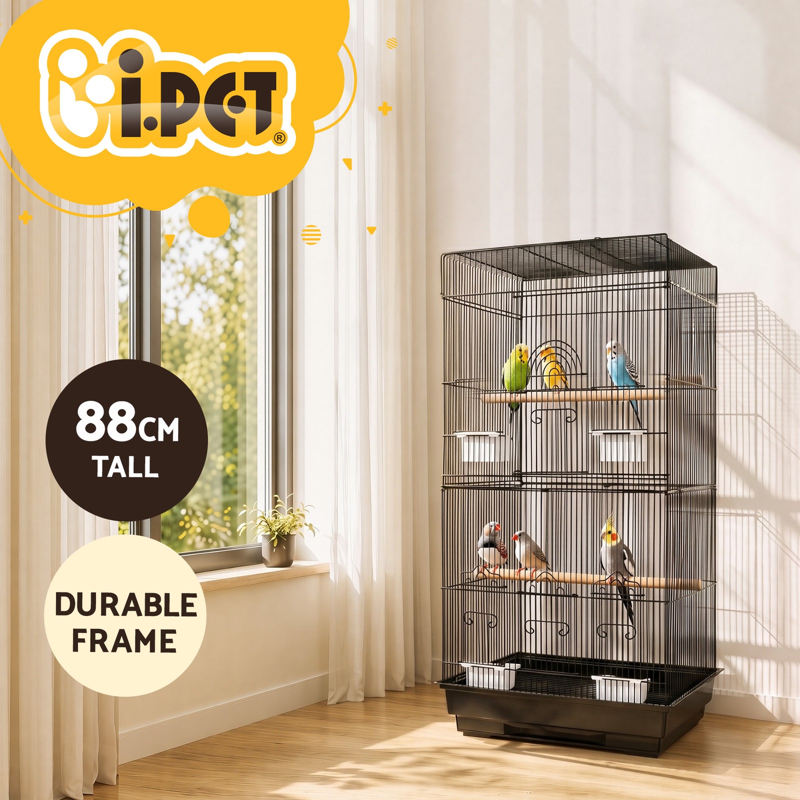 i.Pet Bird Cage Aviary Budgie Parrot Black 88CM Wrought Iron Removable Tray Tall