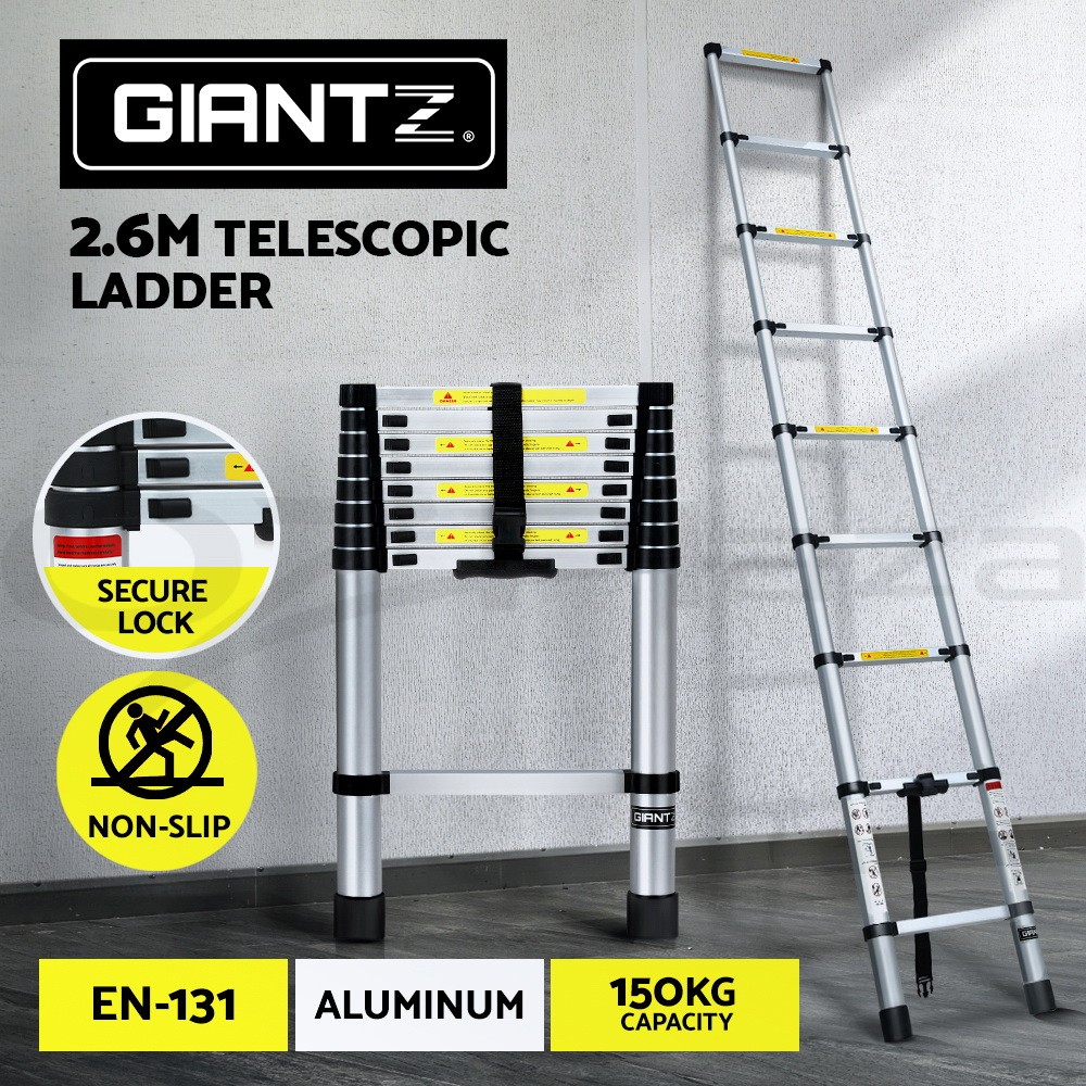 Giantz 2.6M Telescopic Ladder Aluminium Extension 8 Steps Silver LDTLCPALUS26M