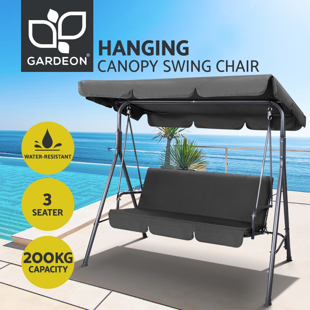 Gardeon Outdoor Swing Chair Canopy 3 Seater Black Steel Adjustable UV-Protected