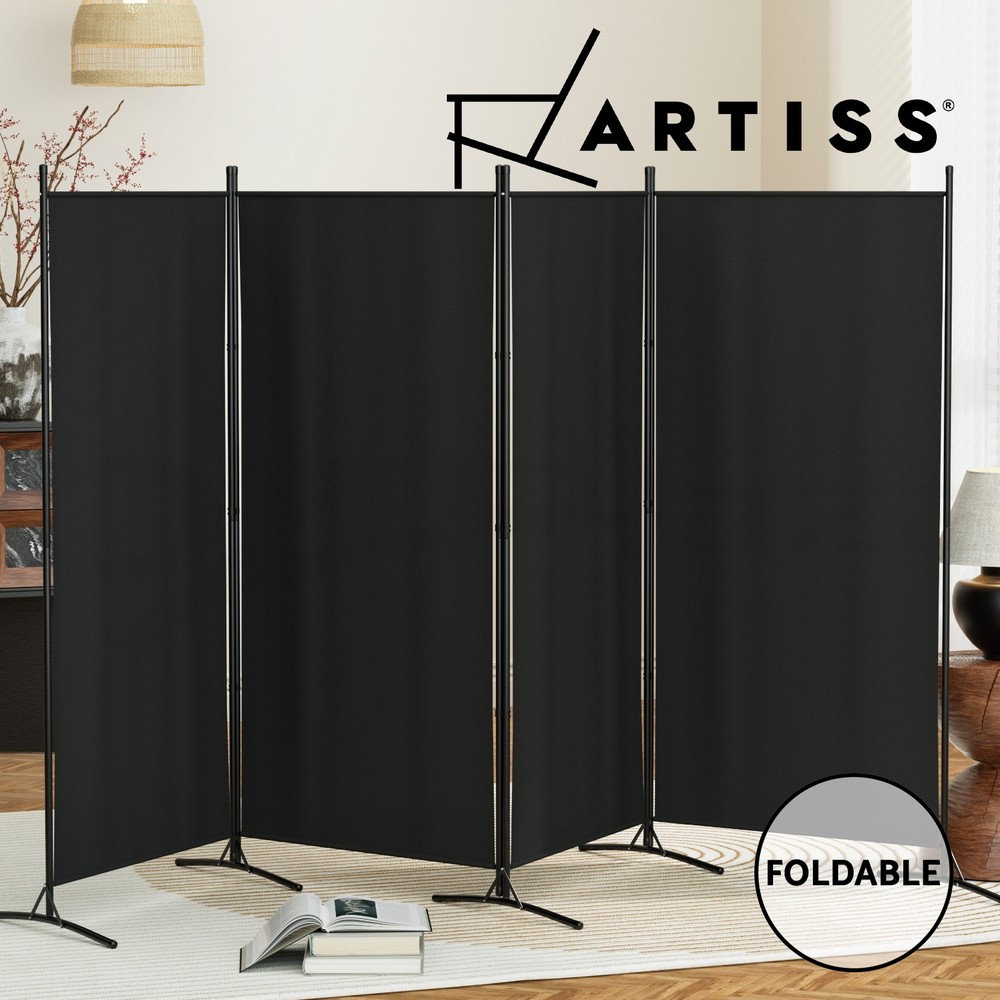 Artiss 4 Panel Room Divider Screen 345x180cm Black Foldable Washable Polyester
