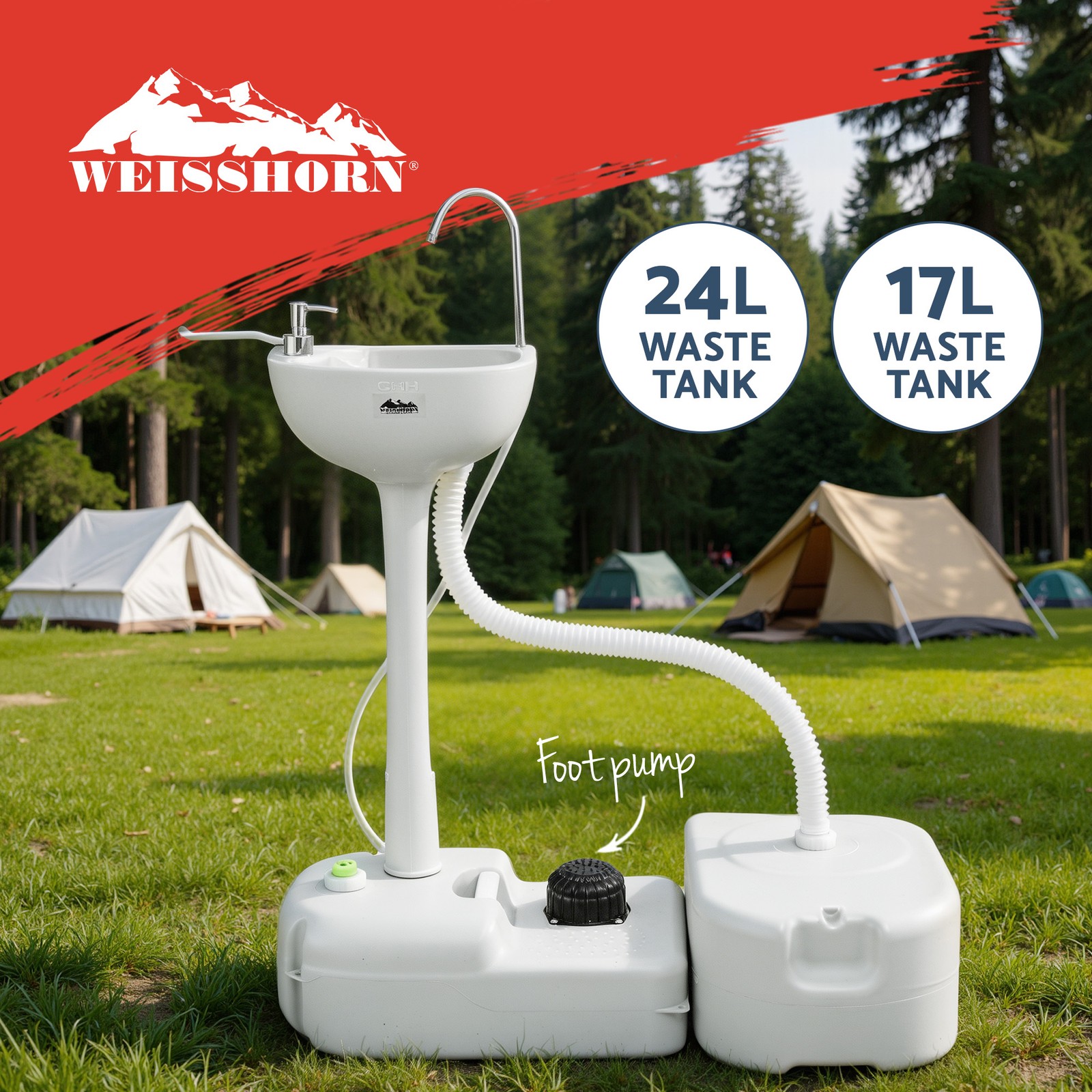 Weisshorn Portable Hand Wash Sink Stand Camping Waste Tank Foot pump 19L 24L