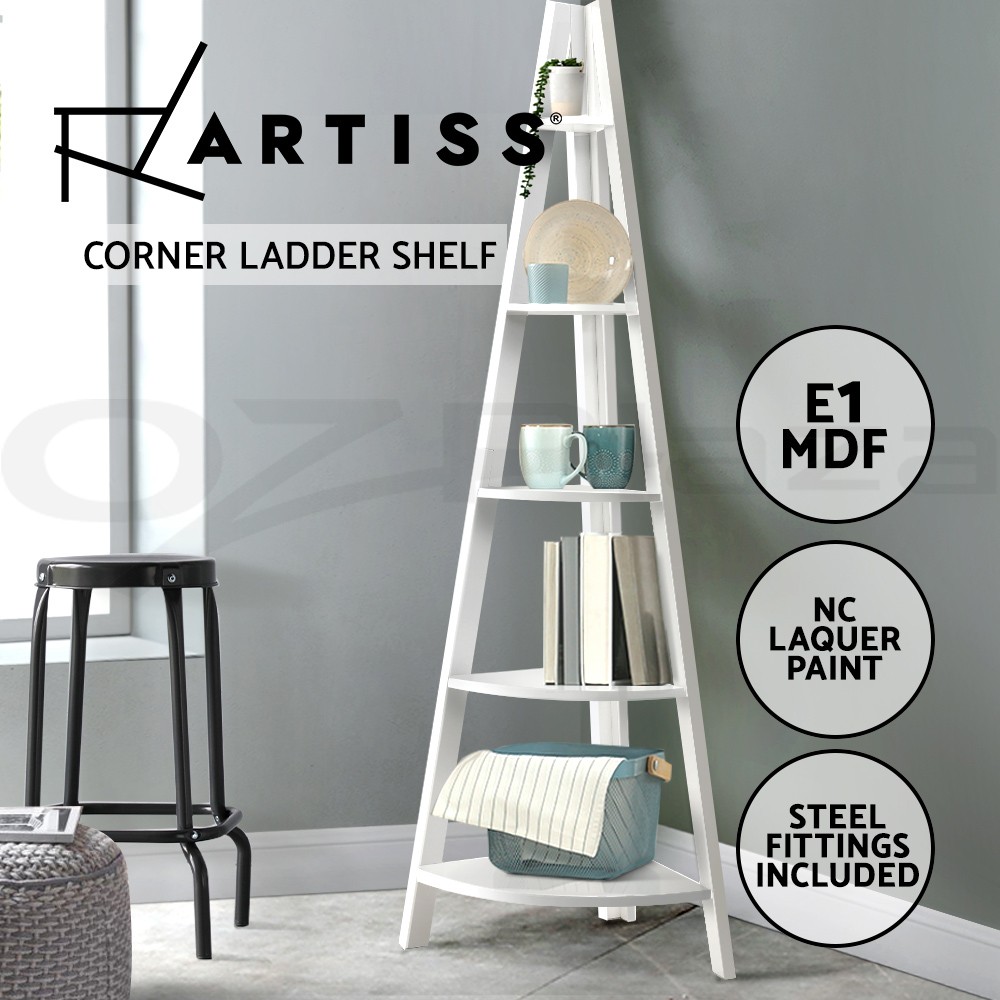 Artiss 5-Tier Corner Ladder Shelf MDF White Freestanding 56cm 39cm 180cm Modern