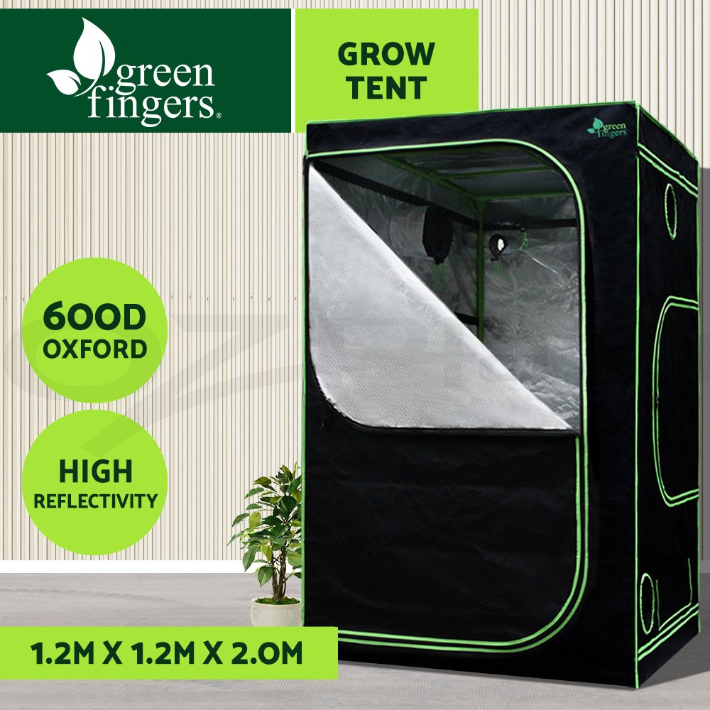 Green Fingers Hydroponics Grow Tent 120X120X200CM 600D Mylar Steel Frame Black