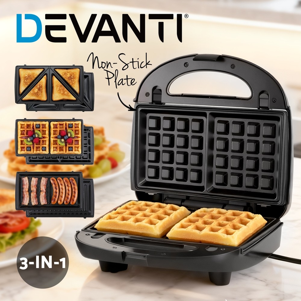 Devanti 3-in-1 Sandwich Maker Waffle Grill 850W Fast Heating Non-Stick Plates