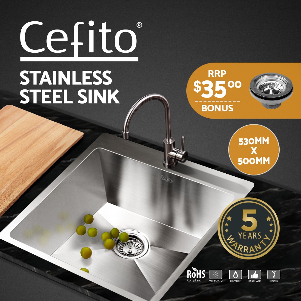 Cefito Handmade Kitchen Sink 53X50CM 304 Stainless Steel Single Bowl Drop-in/Top