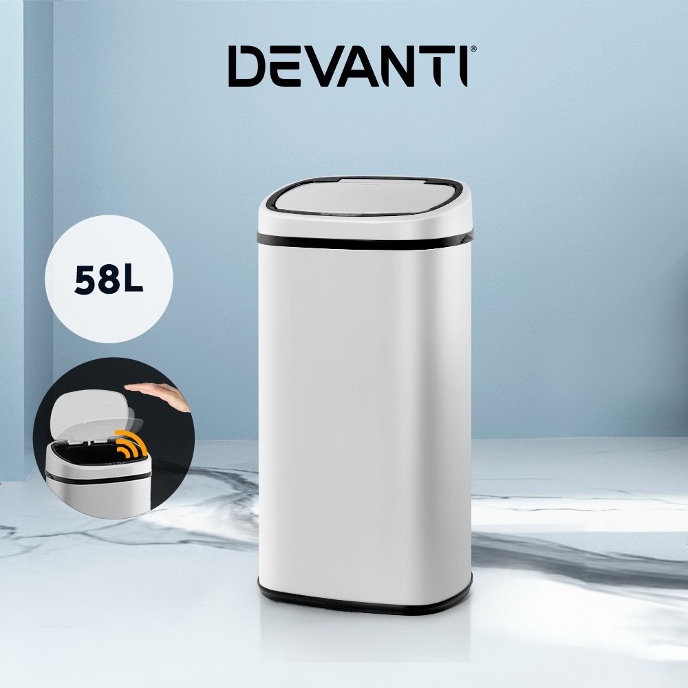 Devanti 58L Motion Sensor Bin Automatic Waste White Steel Kitchen Hands-free