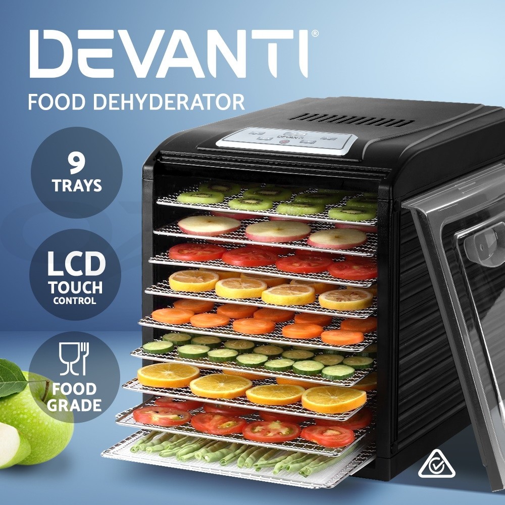 Devanti Food Dehydrator 9 Trays Stainless Steel LCD Adjustable 35-70C Black
