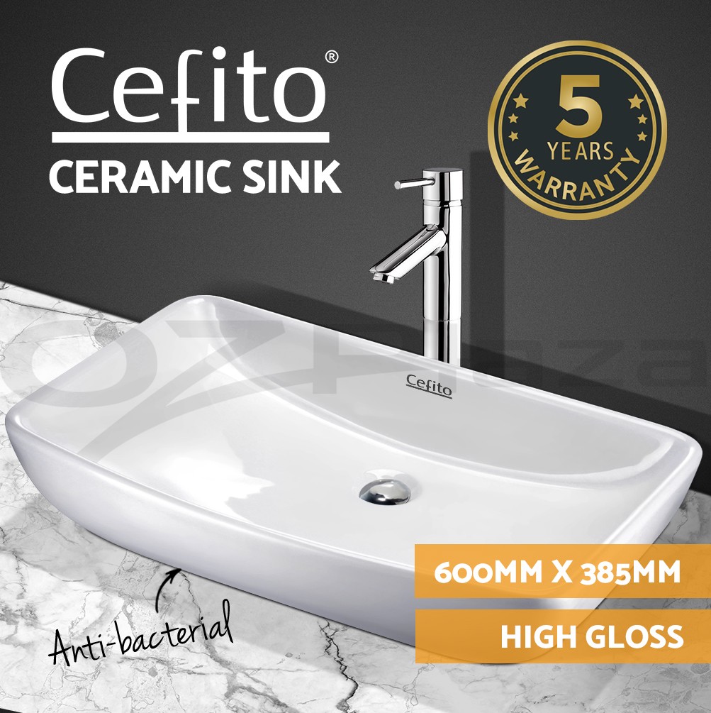 Cefito Ceramic Bathroom Basin Above Counter Topmount White 600mm 130mm gloss
