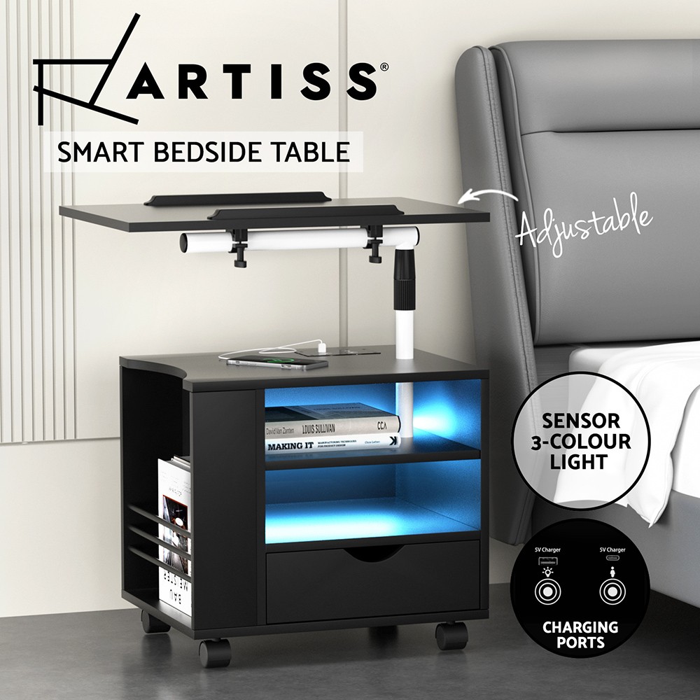 Artiss TALA Smart Bedside Table Laptop Tray RGB LED USB Charging Ports Black