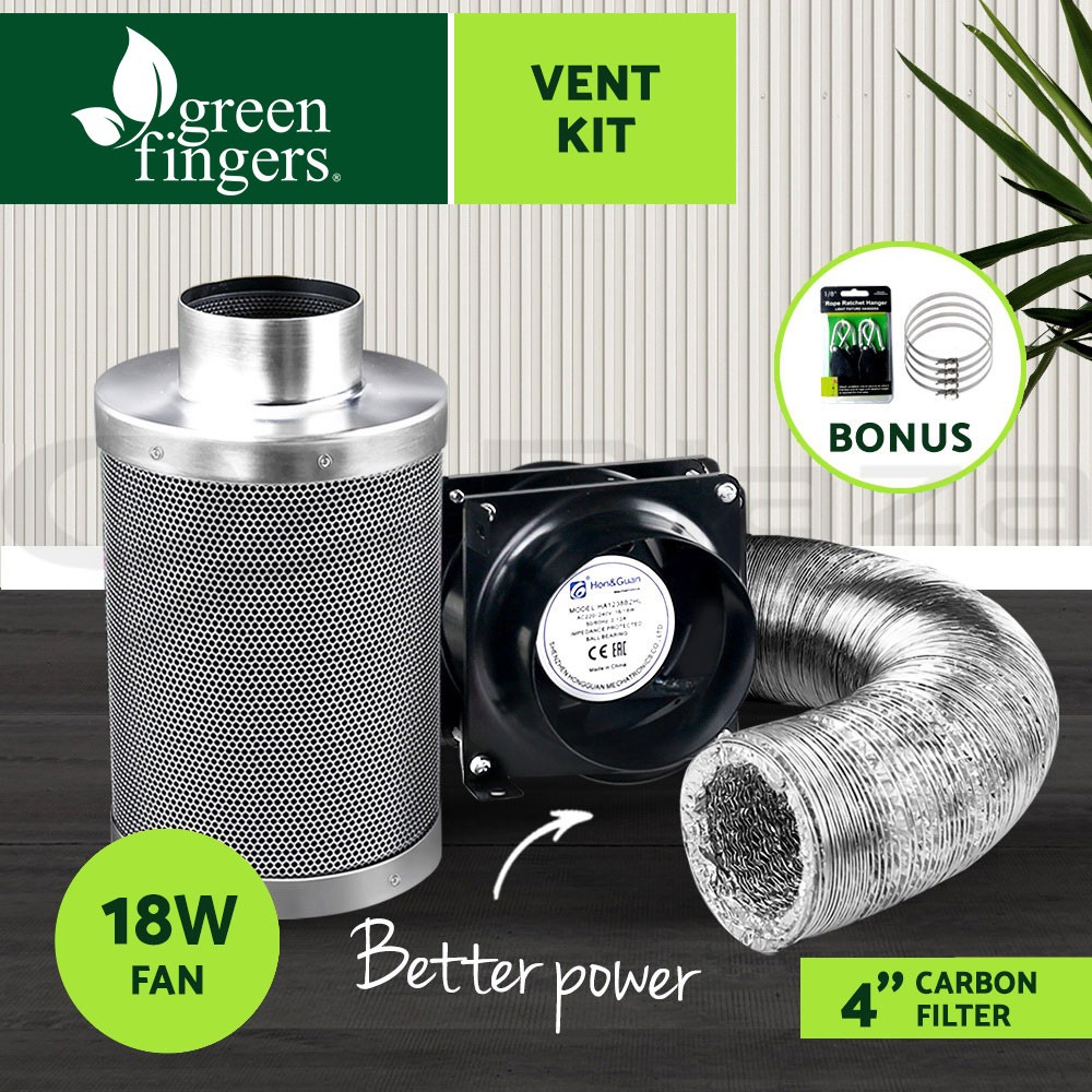 Green Fingers 4 Grow Tent Ventilation Kit Fan Carbon Filter 5m Ducting Indoor
