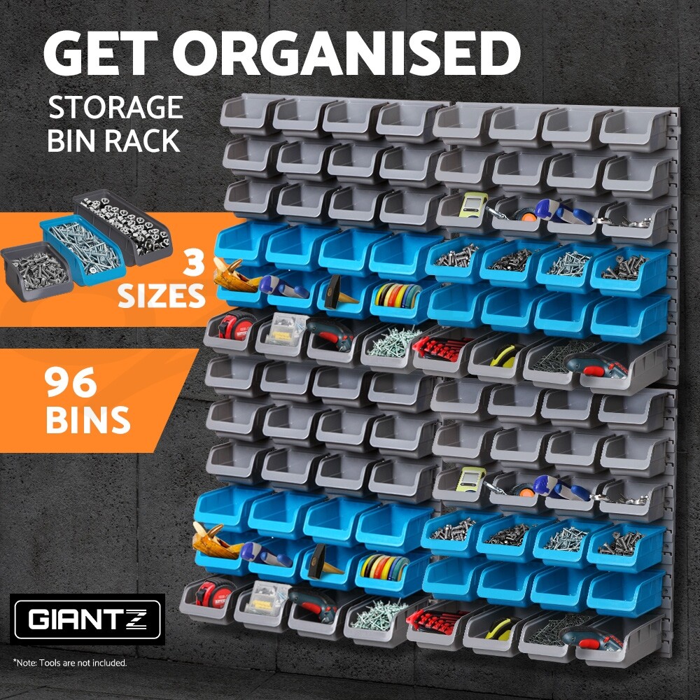 Giantz 96 Wall-Mounted Tool Parts Rack Garage Storage BIN-WALL-48X2 192kg Blue
