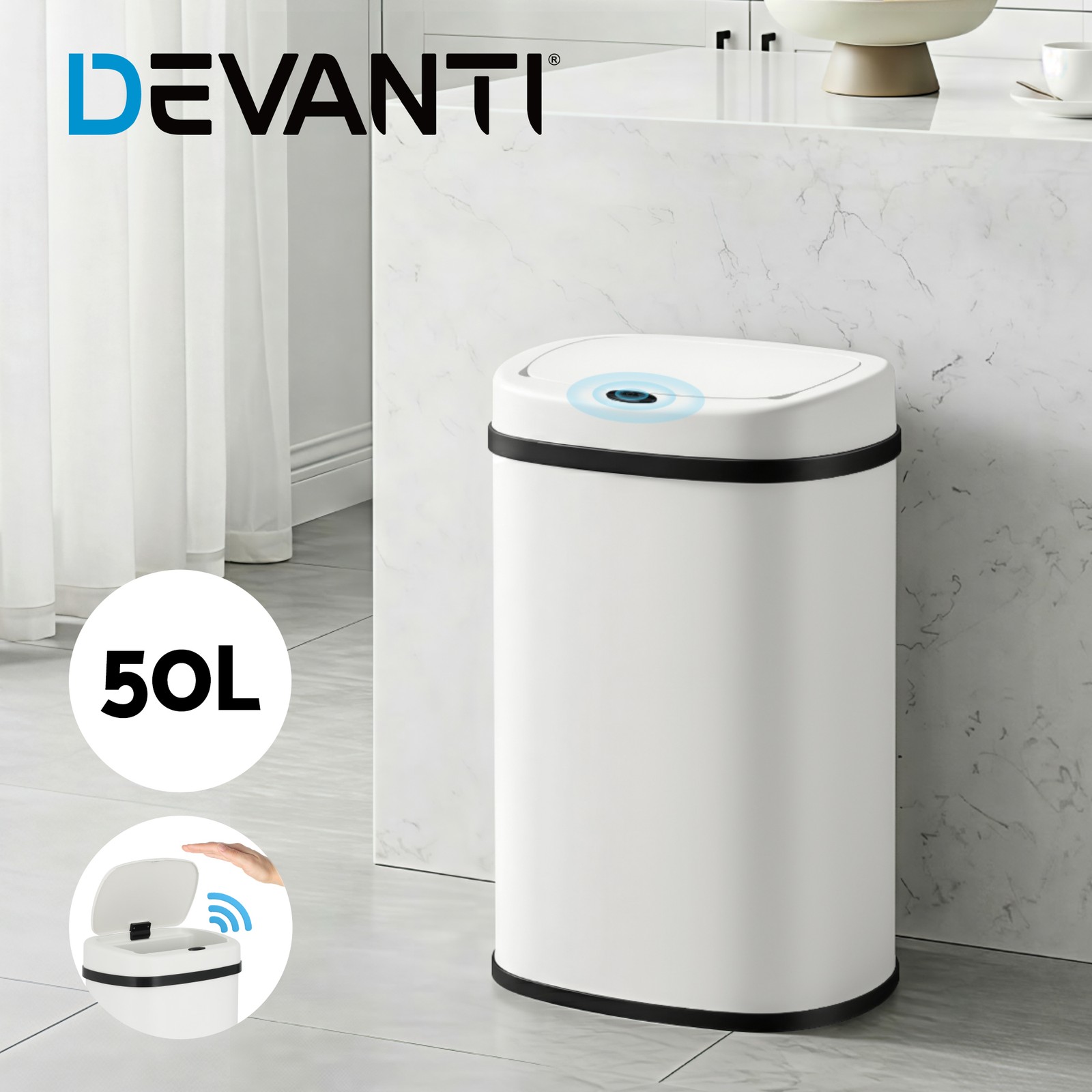 Devanti 50L Motion Sensor Bin Stainless Steel Automatic White Hands-free Kitchen