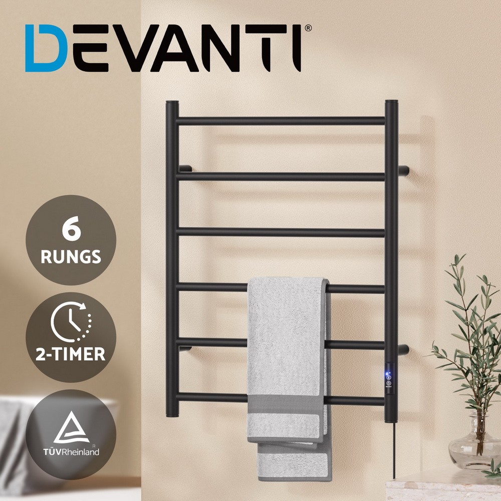 Devanti Heated Towel Rail 6 Round Carbon Steel Bars with Timer IPX4 Black 80W AC