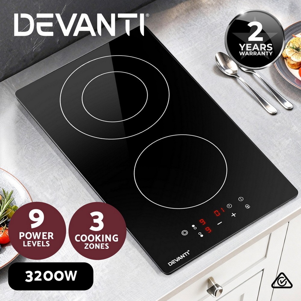 Devanti Ceramic Cooktop 30cm Electric CCT-B-2B-3Z-TOUCH-BK Touch Control Black