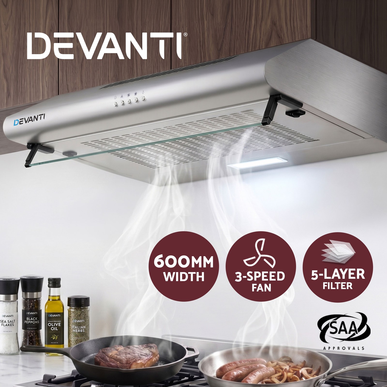 Devanti Rangehood 60cm Wall-mounted Stainless Steel LED 3-speed Aluminium Filter