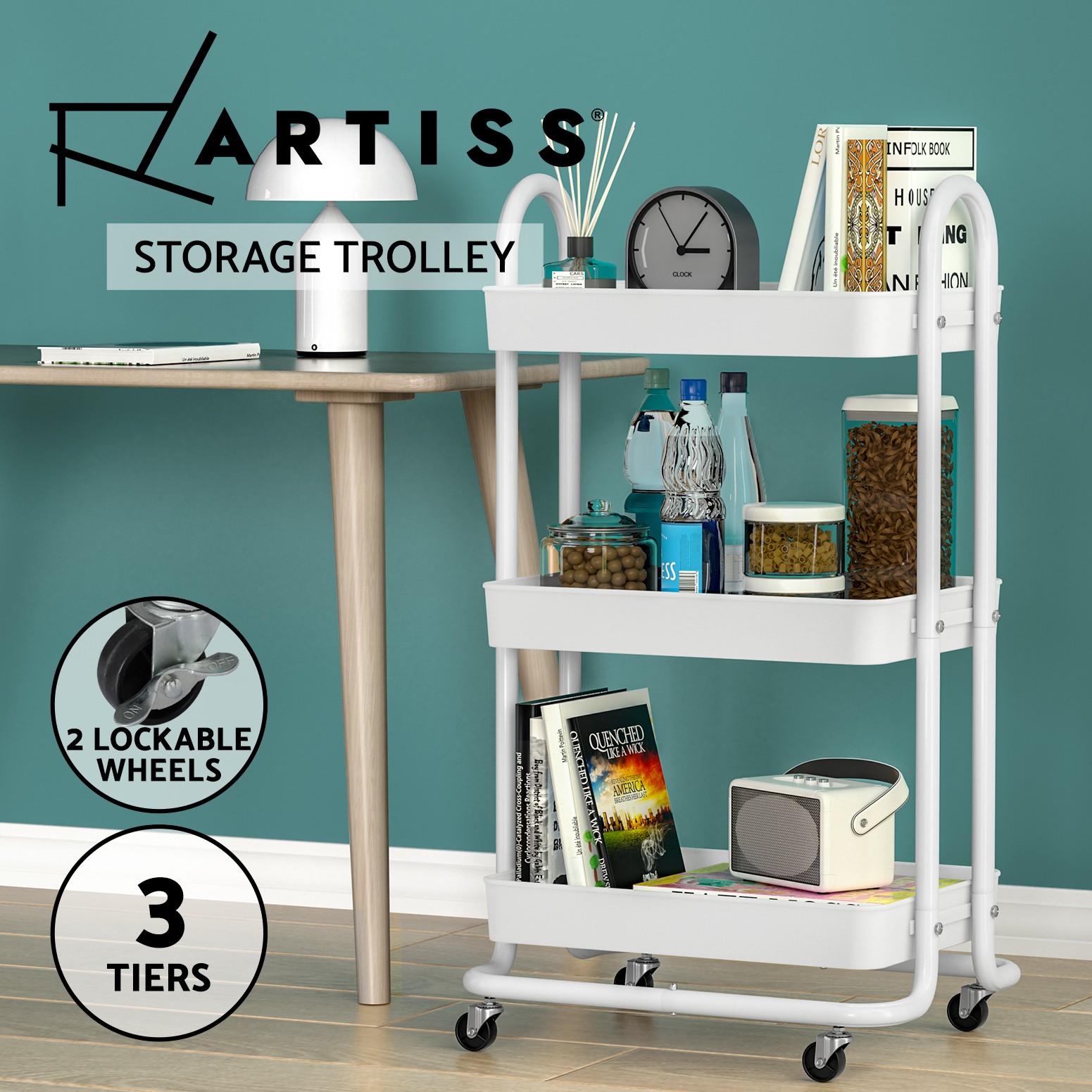 Artiss 3 Tiers Storage Trolley Kitchen Cart Steel Rack Wheels Yellow PP Basket