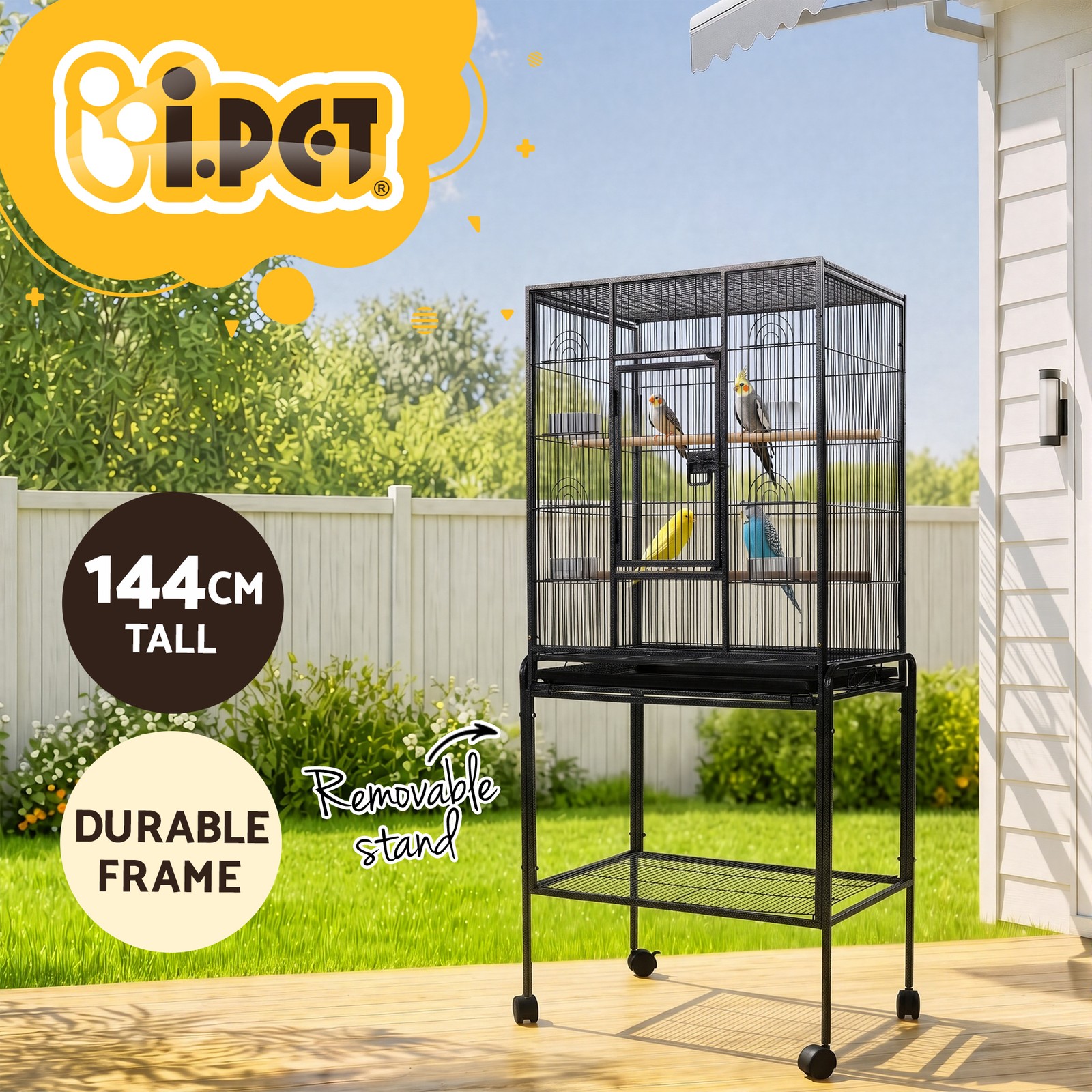 i.Pet Bird Cage 144cm Wrought Iron Black Parrot Aviary Wheels Castor Budgie