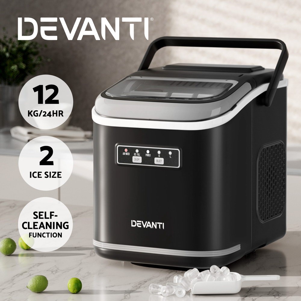 Devanti Portable Ice Maker Machine 12kg Countertop w/Self Cleaning 1.3L Black