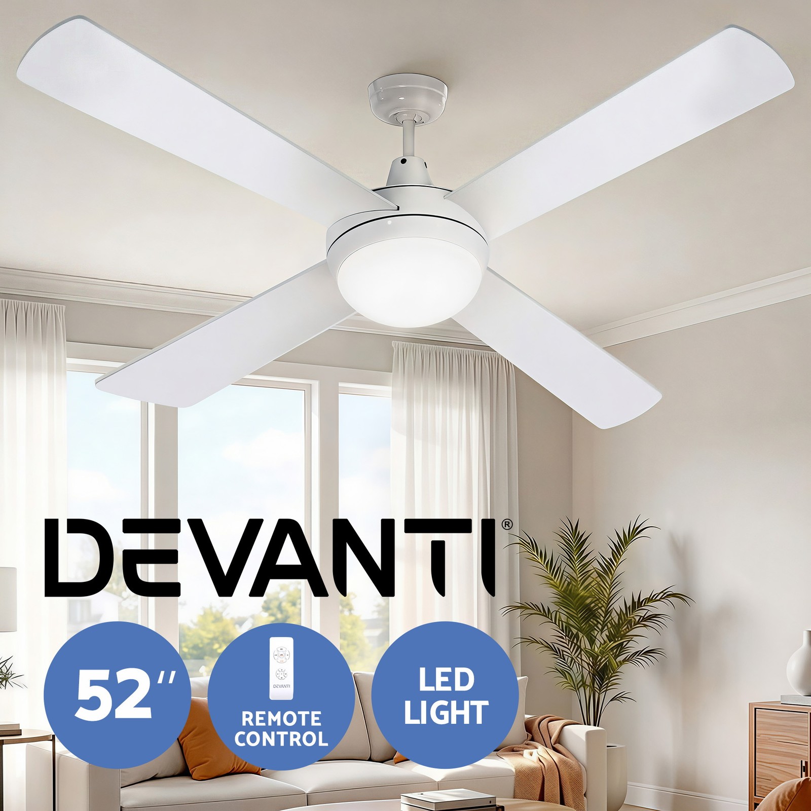 Devanti Modern Ceiling 52-inch Motor 4 Blades Light Remote Control Timer White