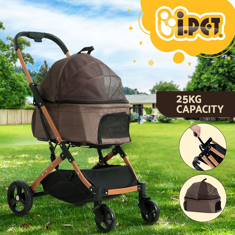 i.Pet Dog Stroller 4-Wheel 3-in-1 Foldable Detachable Carrier Brown 25kg EVA