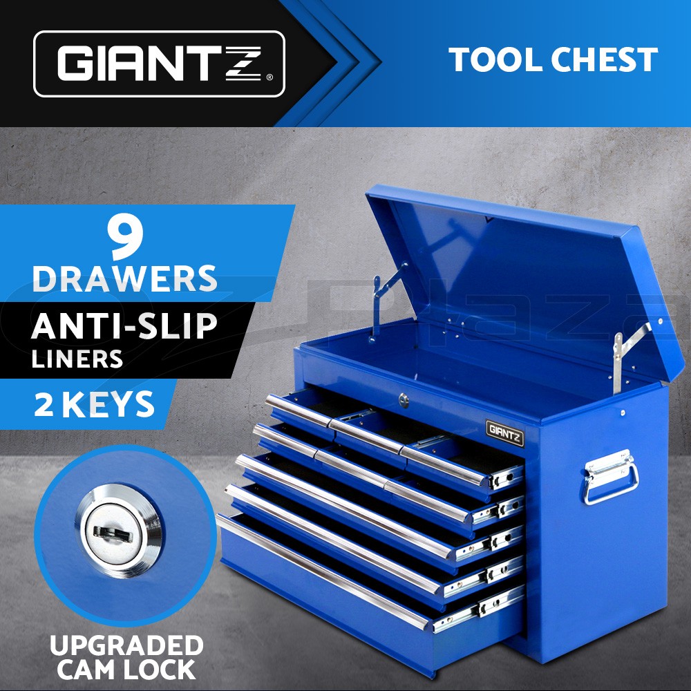 Giantz Tool Chest 9 Drawer Steel 75kg Blue Lockable Ball Bearing Slides 60cm