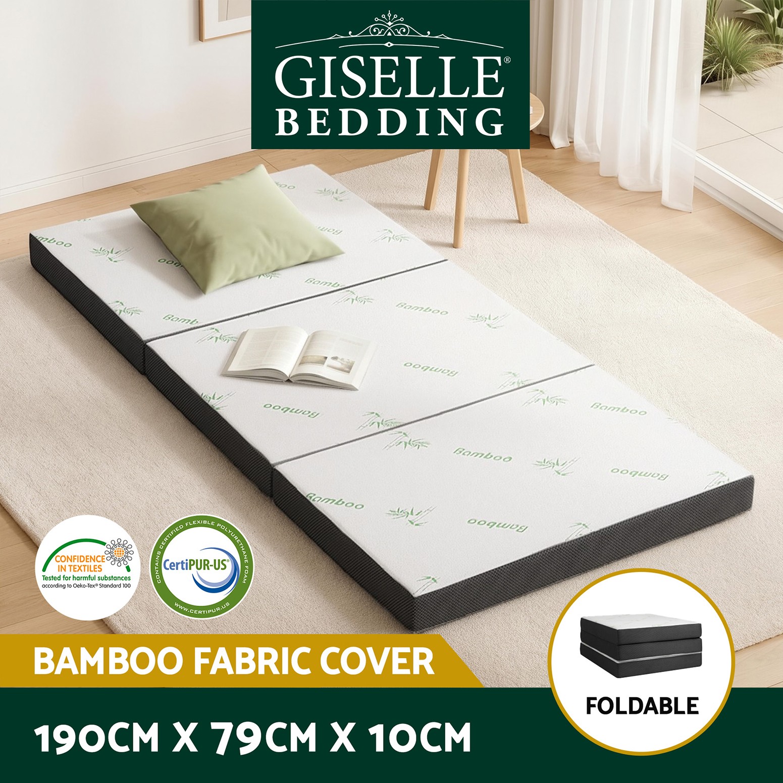 Giselle Bedding Folding Foam Mattress Single Bamboo 190cm x 79cm Washable Cover