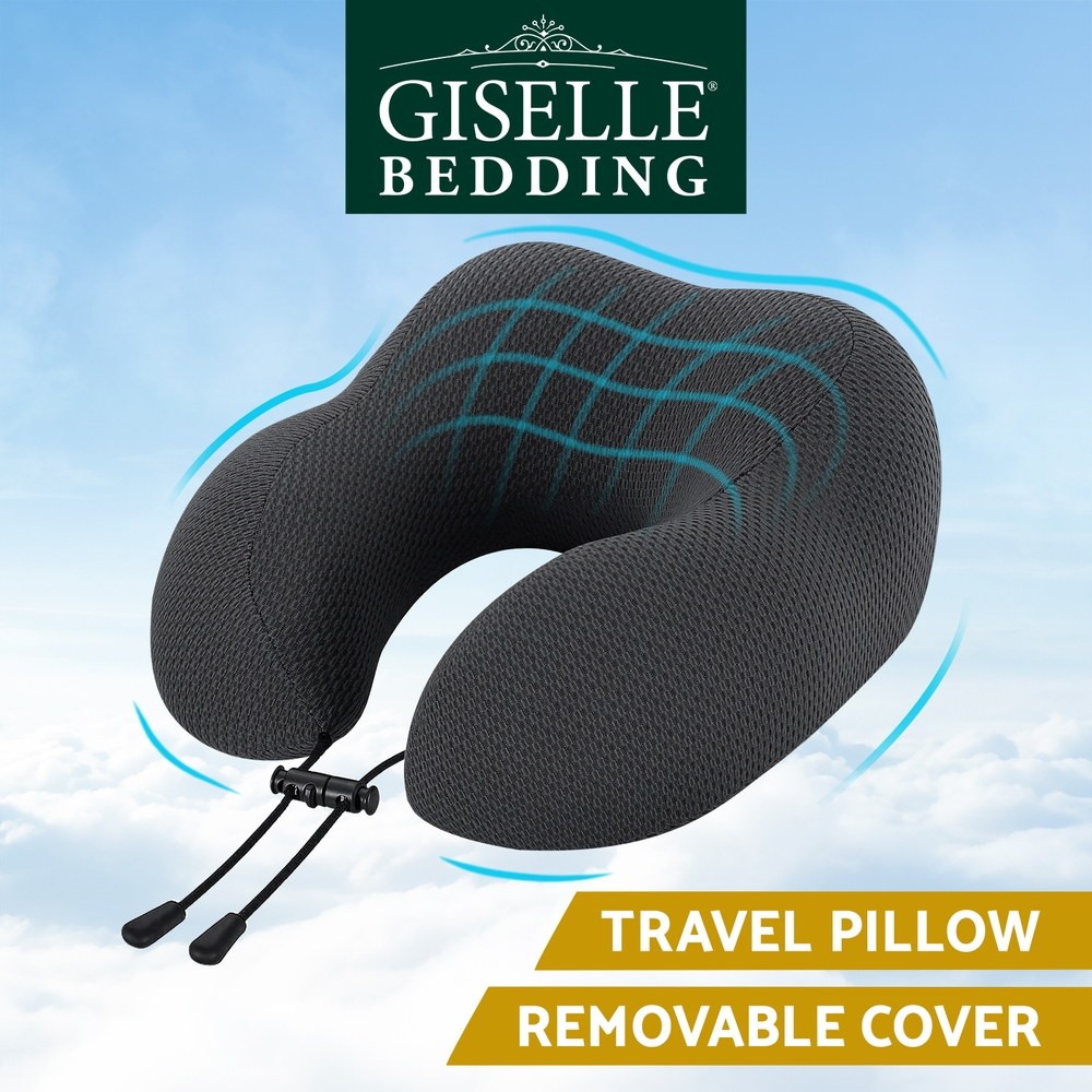 Giselle Bedding Travel Neck Pillow U-Shape Memory Foam Adjustable Strap Black