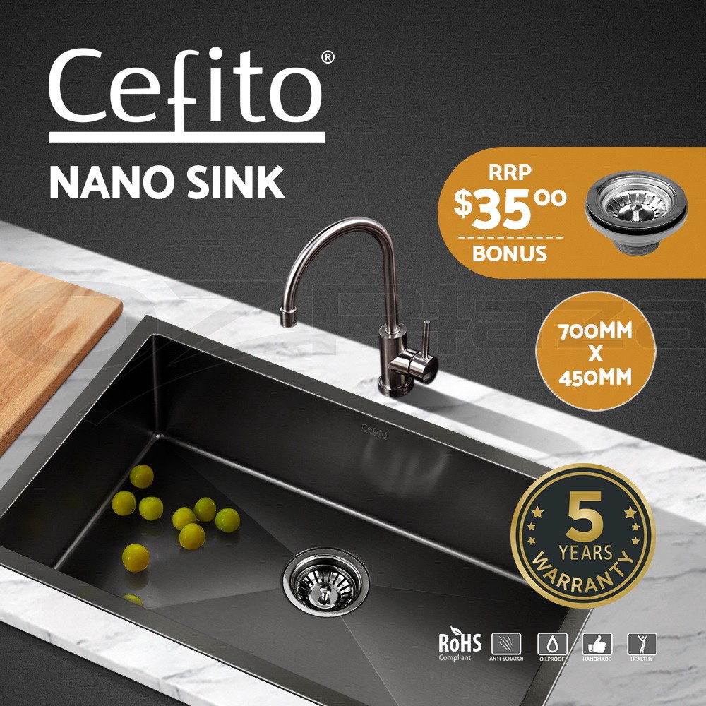 Cefito 70X45CM Kitchen Sink 304 Stainless Steel Single Bowl Black Drop-in Mount