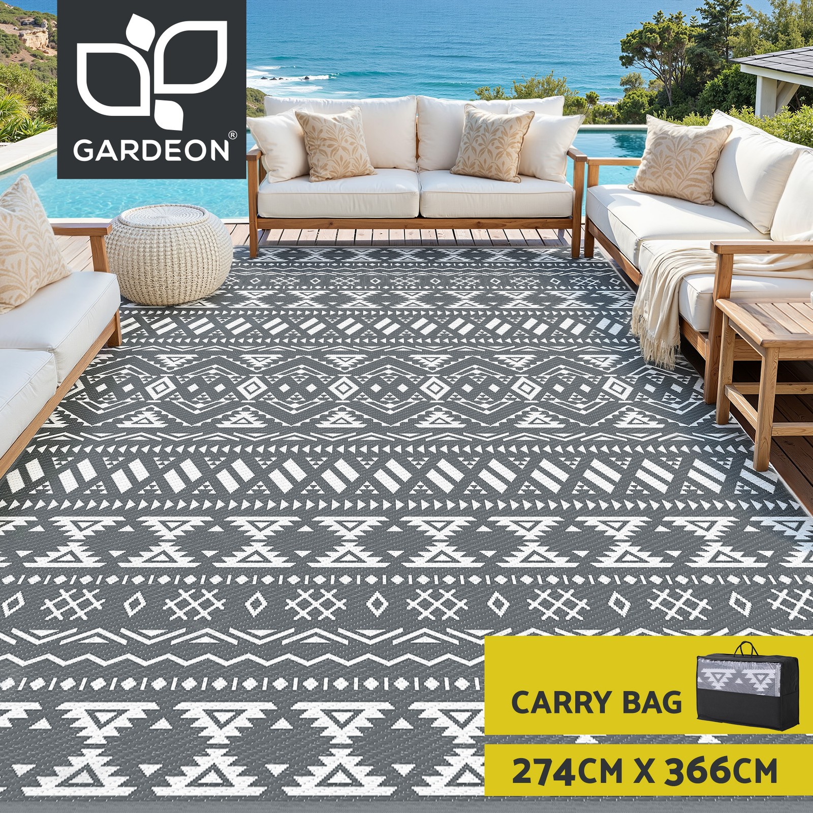 Gardeon Outdoor Rug Reversible PP 274x366cm Patio Weather-resistant Argyle grey