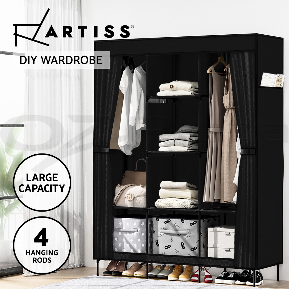 Artiss DIY Fabric Wardrobe Black Clothes Storage Four Hanging Rods 124 42 173 cm