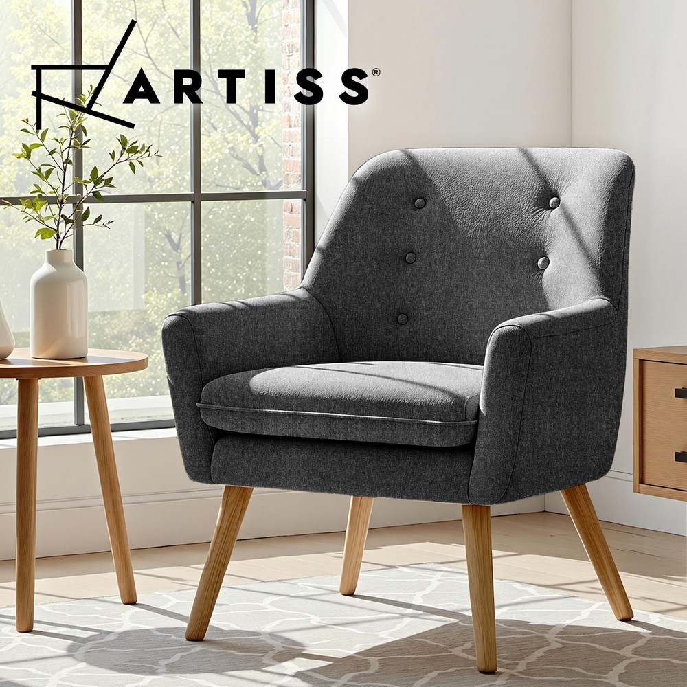 Artiss Anne Armchair Retro Charcoal Tufted Button Linen Fabric Rubber Wood Leg