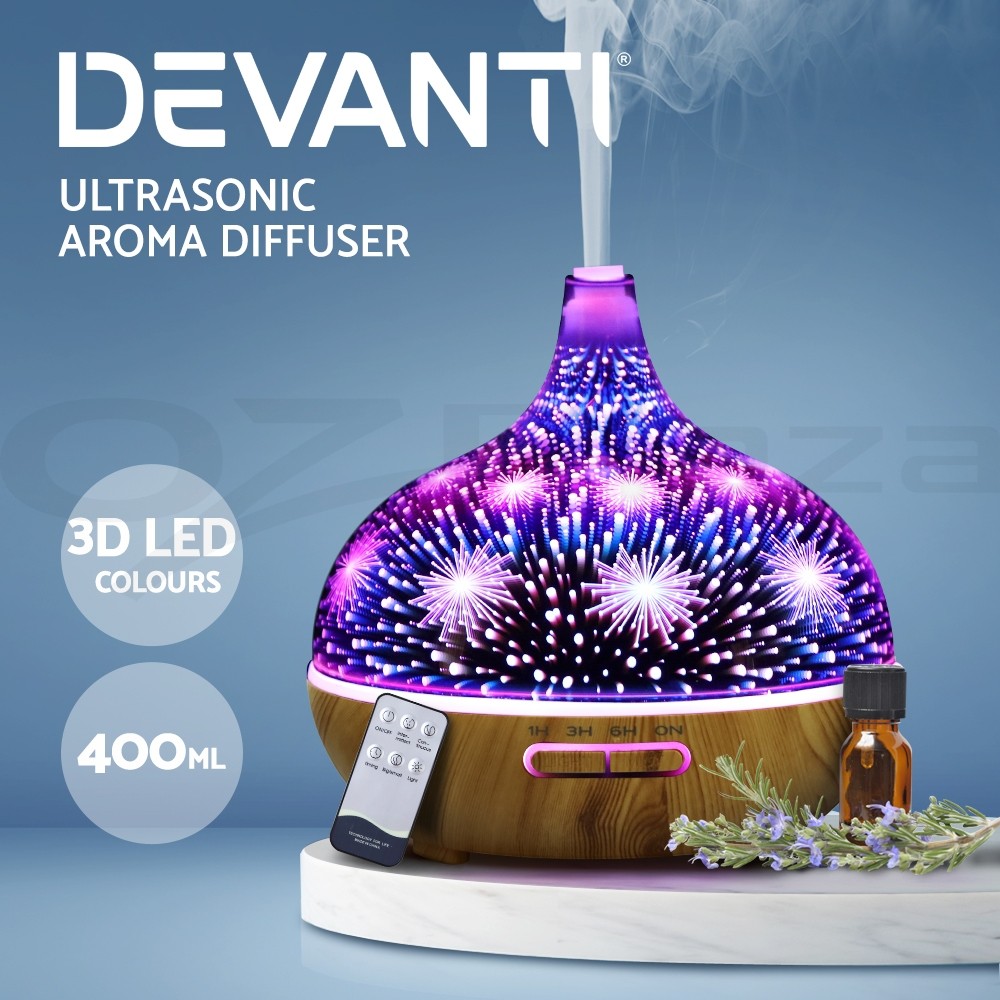 Devanti Ultrasonic Aroma Diffuser Humidifier 400ml 3D LED Firework Light Wood