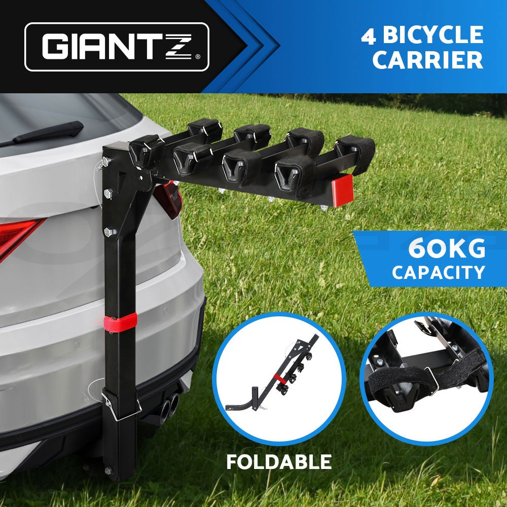 Giantz 4 Bike Rack Hitch Mount Foldable Black Car 60kg 2-inch Receiver Steel