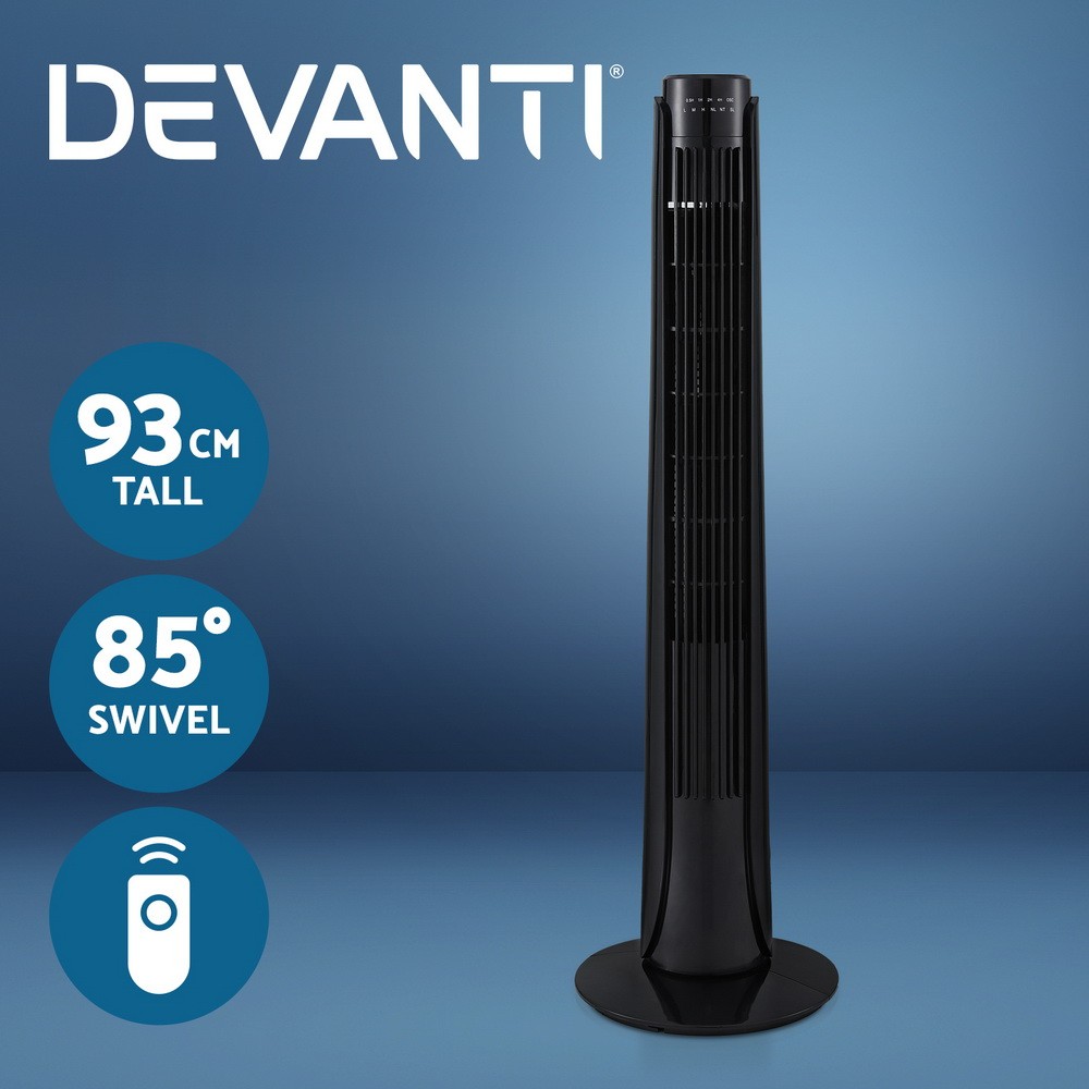 Devanti Tower Fan 93cm Black Oscillating 3 Speeds Remote 50W Timer Slim Design