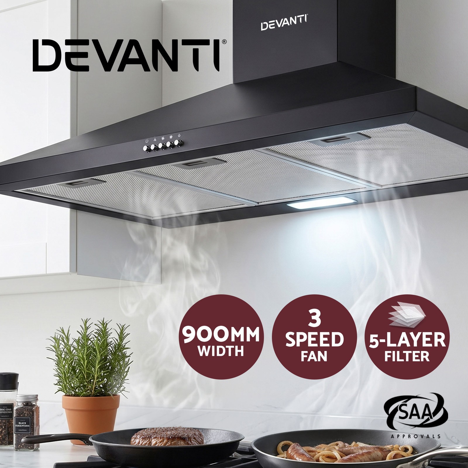 Devanti 90cm Canopy Rangehood RH-D-A17-90-BK Black Wall-Mounted Light 3-speed