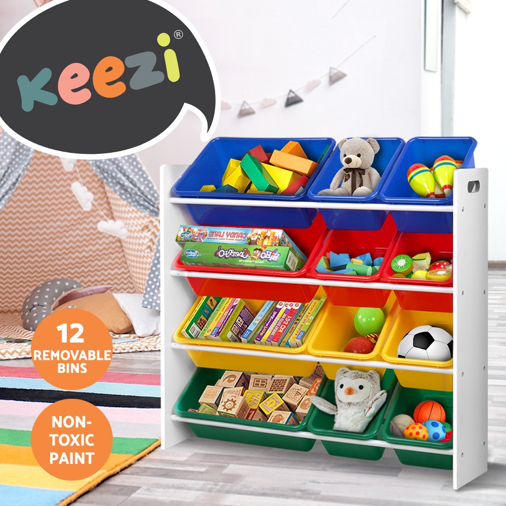 Keezi Kids Toy Rack 12 Colourful Plastic Bins 4-Tier Bookshelf 86cm 27cm 88cm