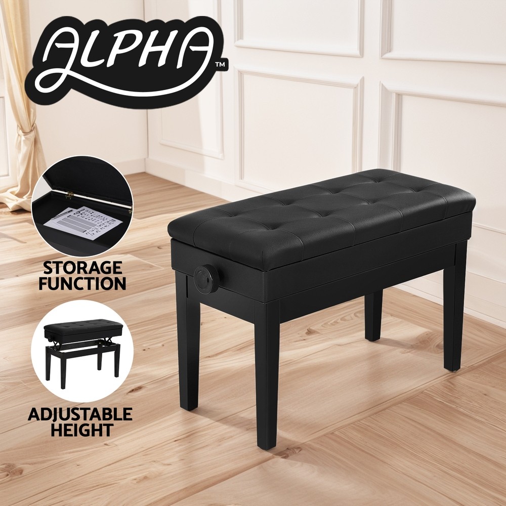 Alpha Piano Bench Adjustable Height Storage Seat Black PU Leather 75X34X47cm