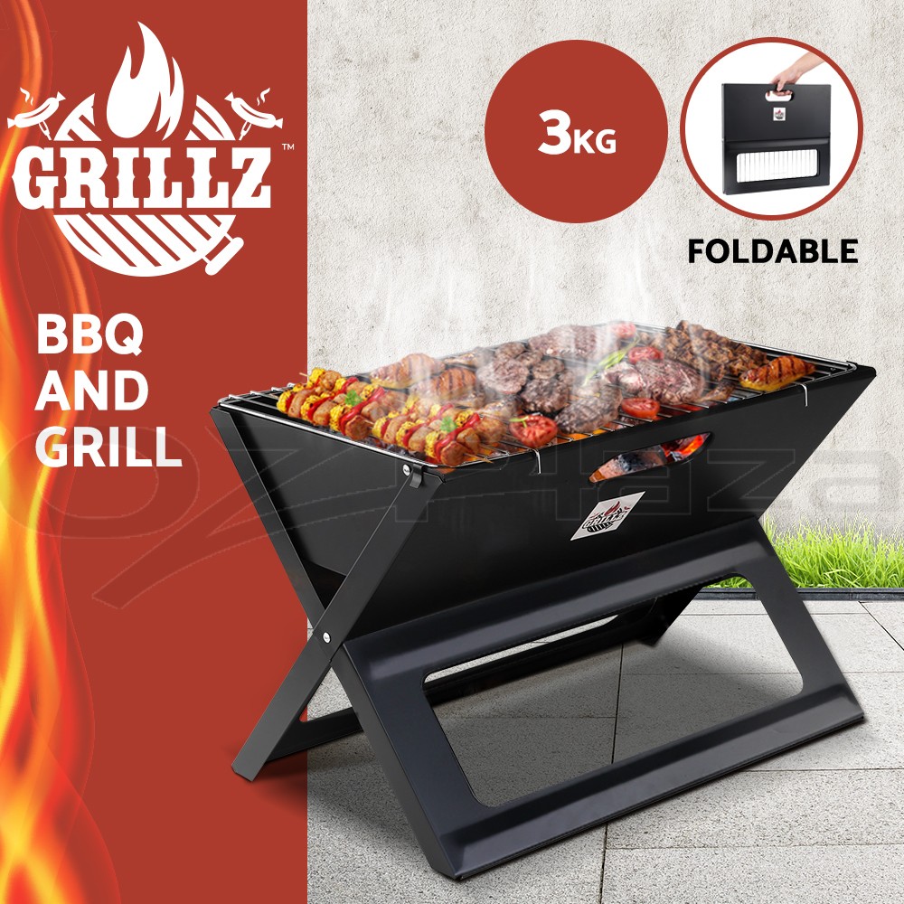 Grillz Portable Charcoal BBQ Folding Steel Barbecue Camping Smoker Black 45.5cm